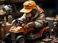 Monkey mechanic fixing toy car photographed with 50mm lens