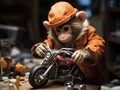 Monkey mechanic working on toy car 6 words