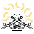 Monkey is meditating and levitating. Monkey sits in a lotus position and dreams of bananas. Vector hand made Royalty Free Stock Photo