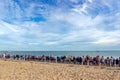 Monkey Mia, Australia - April 15, 2015- line of tourists at monkey mia beach, everybody is waiting for the wild dolphins to arrive