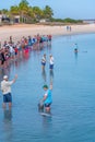 MONKEY MIA, AUSTRALIA, JANUARY 13, 2020: Dolphin feeding show at Monkey Mia resort in Australia