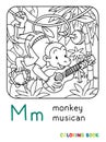 Monkey musician ABC coloring book. Alphabet M