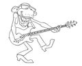 Monkey musician. Funny, cheerful monkey plays the electric guitar. Cartoon monkey with a guitar. Vector outline illustration