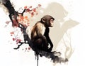 The monkey, one of 12 chinese zodiac animal, chill siting on the tree branch and painted in the way of chinese style. Royalty Free Stock Photo