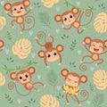 Monkey pattern. Wild little animals chimpanzee playing on jungle tree textile design project vector seamless cartoon Royalty Free Stock Photo