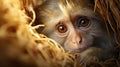 a monkey is peeking out from a pile of hay and looking at the camera. generative ai