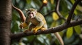 Squirrel Monkey Perched on Tree Branch Holding Small Bottle Curiously Royalty Free Stock Photo