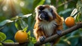 Adorable Red Uakari Monkey on a Branch with Oranges Royalty Free Stock Photo