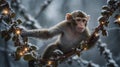 Adorable Snow Monkey with Christmas Lights on Snowy Branch Royalty Free Stock Photo