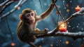 Adorable Monkey Enjoying Winter Scene with Snow-Covered Branches and Glowing Candles Royalty Free Stock Photo
