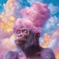 Monkey with pink cotton candy hair against a dreamy sky. Royalty Free Stock Photo