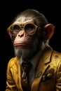 Monkey portrait with eyeglasses in a stylish yellow suit on black background. Beautiful realistic illustration. Image is AI