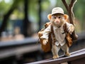 Monkey postman with mailbag on tree branch