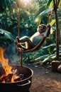 Relaxing Monkey on Rope Swing in Tropical Jungle Royalty Free Stock Photo