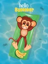 Monkey relaxing on the inflatable mattress at the sea Royalty Free Stock Photo