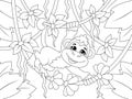 The monkey rides on liana. Wild animal in wild nature. Raster, page for printable children coloring book.