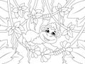 The monkey rides on liana. Wild animal in wild nature. Vector, page for printable children coloring book.