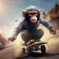 Monkey rides a skateboard