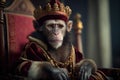 Monkey in royal robe and crown on throne. AI generative illustration