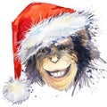 Monkey Santa Claus T-shirt graphics. monkey year illustration with splash watercolor textured background. unusual illustration wat