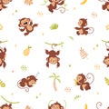 Monkey seamless pattern. Childish monkeys fabric print design. Funny jungle characters, rainforest wild animals. Cartoon