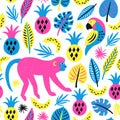 Monkey and parrot seamless pattern. Tropical background. Vector illustration Royalty Free Stock Photo