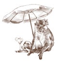 Monkey sitting on the beach under a beach umbrella with a tropical flower on his head