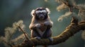Cute Geoffroy\'s Tamarin Monkey Holding a Pine Cone While Sitting on a Mossy Branch Royalty Free Stock Photo