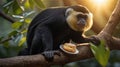 A Curious White-Faced Capuchin Monkey Posing on a Branch with Small Cake Royalty Free Stock Photo