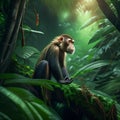 Monkey sitting on a branch in the rainforest. Macaca fascicularis Generative AI