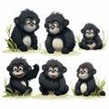 Monkey sitting on the grass with different emotions and expressions illustration