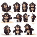 Monkey sitting on the grass with different emotions and expressions illustration