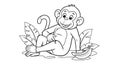 Monkey Sitting on Ground with Banana Peel and Leafy Greens Royalty Free Stock Photo