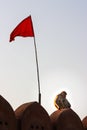 Monkey sitting near a red flag on the walls of the fort city of Jaipur