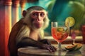 A monkey sitting on a wooden railing with a tropical forest and the ocean in the background, holding a glass of cocktail