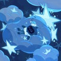 Fantasy monkey sleeping on a cloud with stars , fantasy dark cloudy night illustration Royalty Free Stock Photo