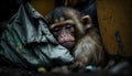 A monkey sleeps among the piles of plastic waste and the rain. concept of saving the world. Generative AI