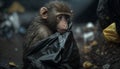 A monkey sleeps among the piles of plastic waste and the rain. concept of saving the world. Generative AI