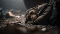 A monkey sleeps among the piles of plastic waste and the rain. concept of saving the world. Generative AI