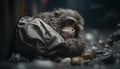 A monkey sleeps among the piles of plastic waste and the rain. concept of saving the world. Generative AI