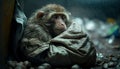 A monkey sleeps among the piles of plastic waste and the rain. concept of saving the world. Generative AI