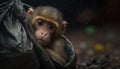 A monkey sleeps among the piles of plastic waste and the rain. concept of saving the world. Generative AI