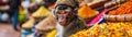 A monkey in a small hat navigating the crowded markets of Marrakech spices and colors everywhere Royalty Free Stock Photo
