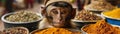A monkey in a small hat navigating the crowded markets of Marrakech spices and colors everywhere Royalty Free Stock Photo