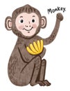 Monkey smile and holding banana. Hand-drawn character animal illustration isolated on white background. Pastel. Watercolor. Oil