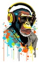 Monkey smile wear cool glasses, Pop art color style chimpanzee head with paint splatter Royalty Free Stock Photo