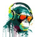 Monkey smile wear cool glasses, Pop art color style chimpanzee head with paint splatter