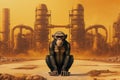 A monkey stands in front of chemicals above the factory. Generative AI