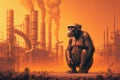 A monkey stands in front of chemicals above the factory. Generative AI