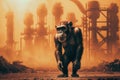 A monkey stands in front of chemicals above the factory. Generative AI